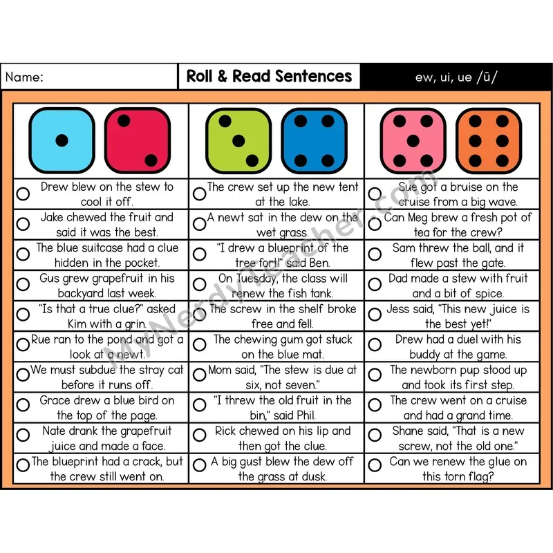 Vowel Teams ew, ui, ue (Long U) — Roll & Read Decodable Sentences (Color)