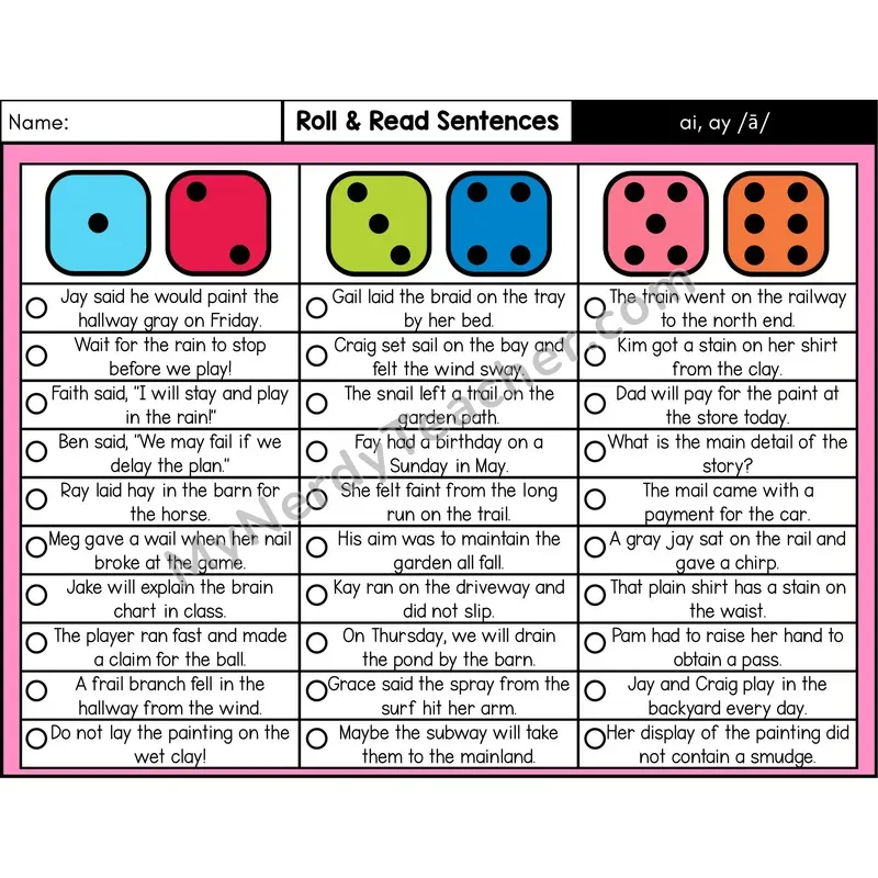 Vowel Teams ai, ay (Long A) — Roll & Read Decodable Sentences (Color)
