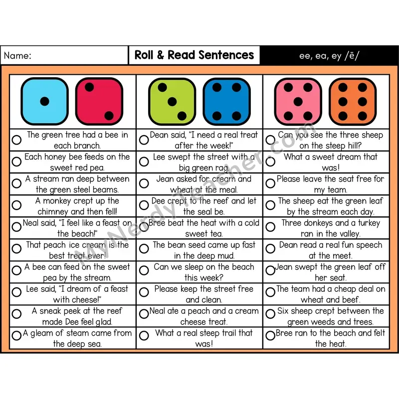 Vowel Teams ee, ea, ey (Long E) — Roll & Read Decodable Sentences (Color)