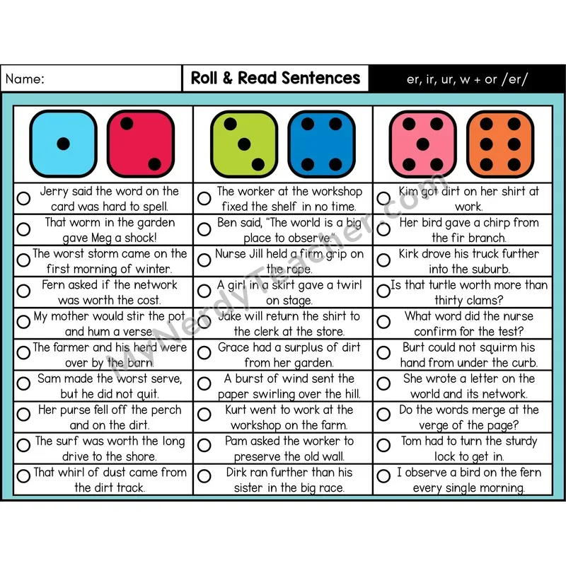Spelling /er/ (er, ir, ur, w+or) — Roll & Read Decodable Sentences (Color)