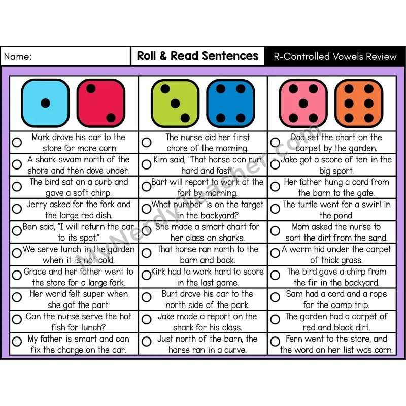 R-Controlled Vowels Review — Roll & Read Decodable Sentences (Color)