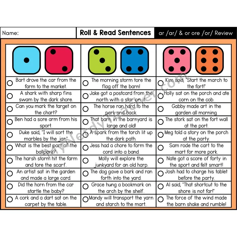 R-Controlled ar and or Review — Roll & Read Decodable Sentences (Color)