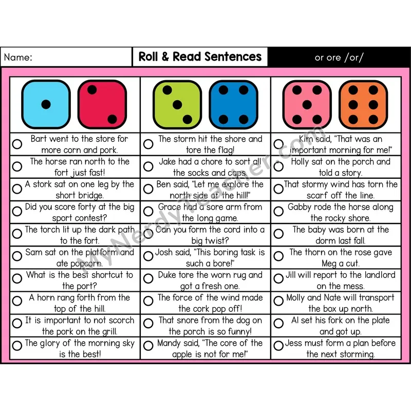 R-Controlled or, ore — Roll & Read Decodable Sentences (Color)
