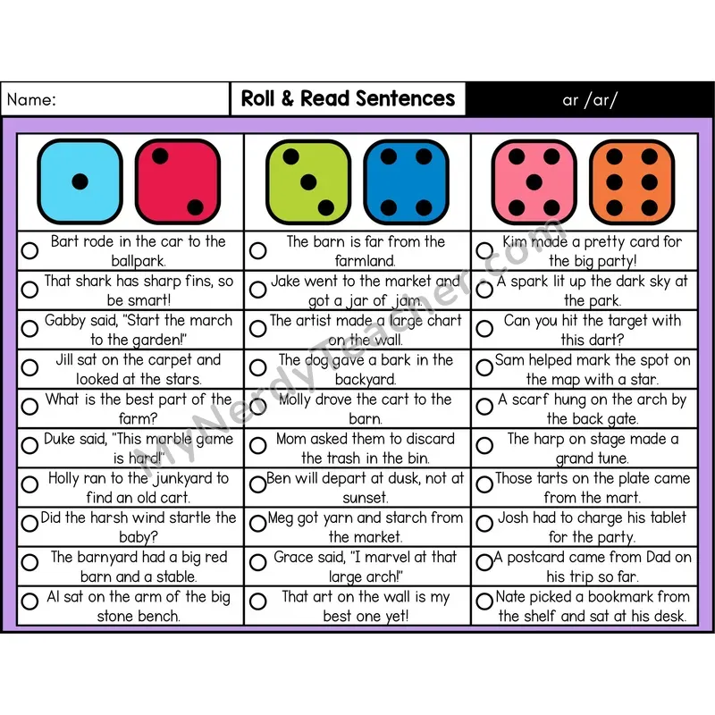 R-Controlled ar — Roll & Read Decodable Sentences (Color)