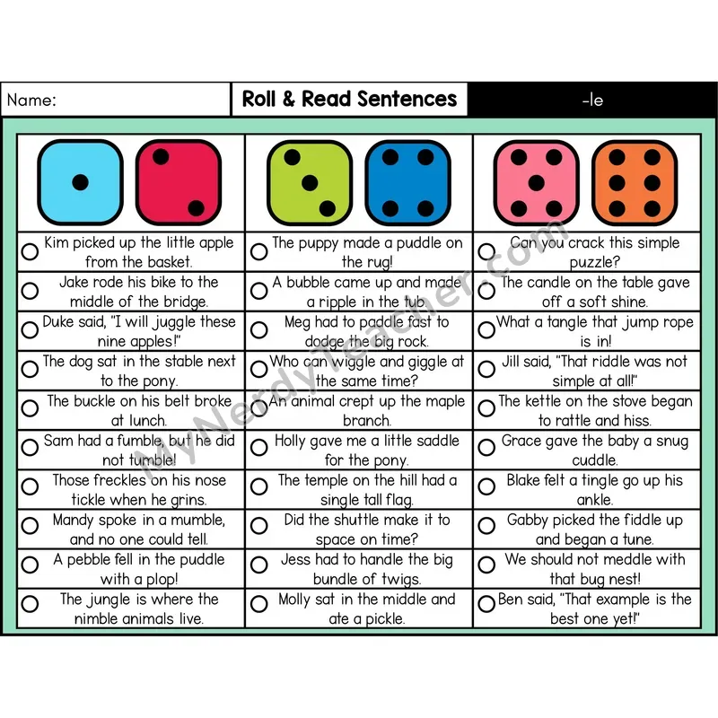Consonant -le — Roll & Read Decodable Sentences (Color)
