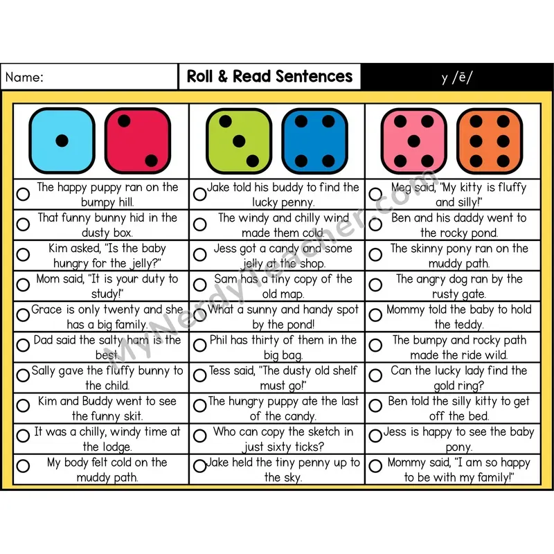 y as Long E — Roll & Read Decodable Sentences (Color)