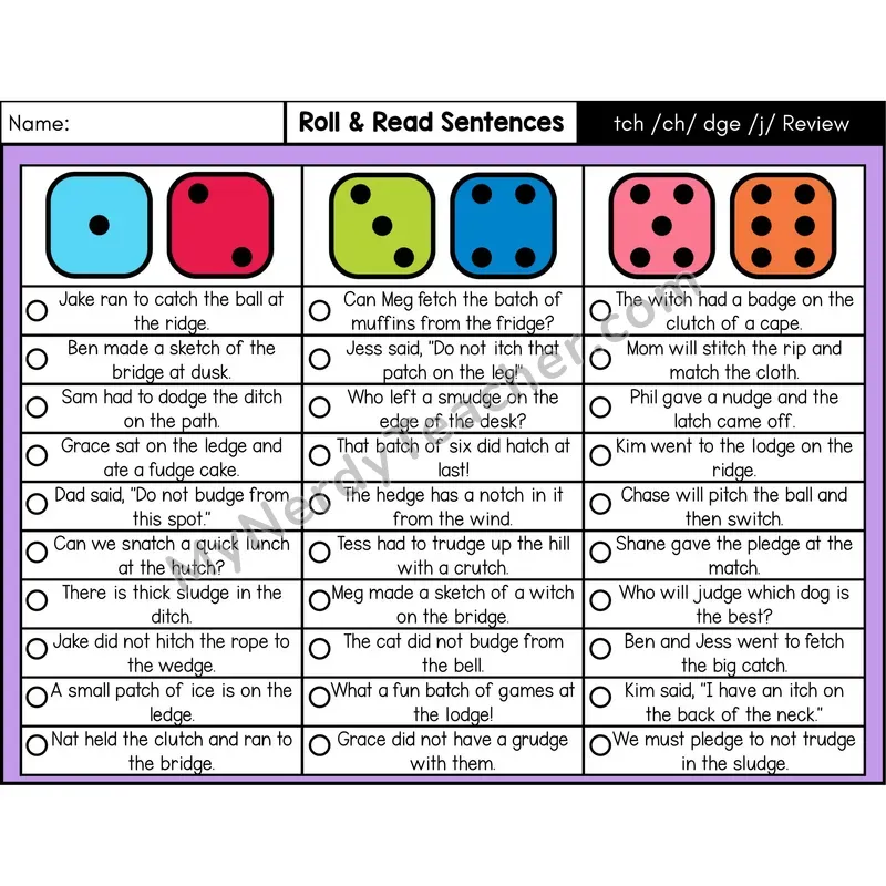 tch and dge Review — Roll & Read Decodable Sentences (Color)