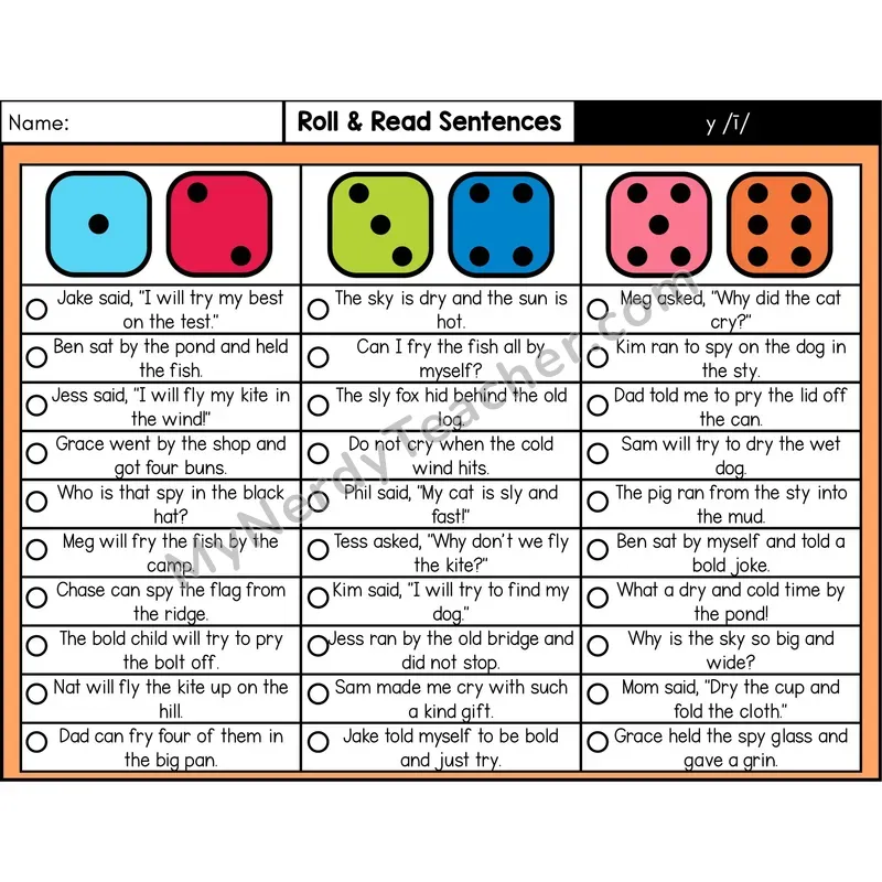 y as Long I — Roll & Read Decodable Sentences (Color)