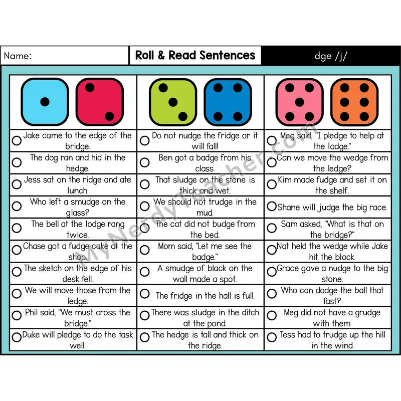 Trigraph dge — Roll & Read Decodable Sentences (Color)