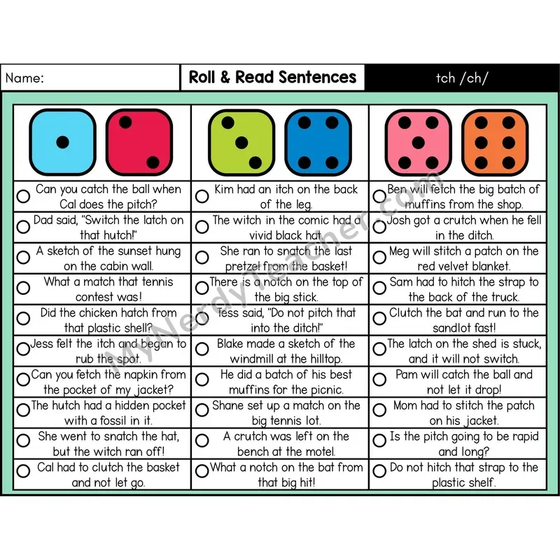 Trigraph tch — Roll & Read Decodable Sentences (Color)