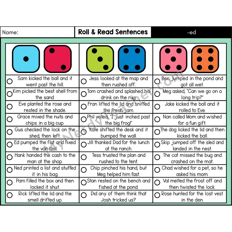 Suffix -ed — Roll & Read Decodable Sentences (Color)