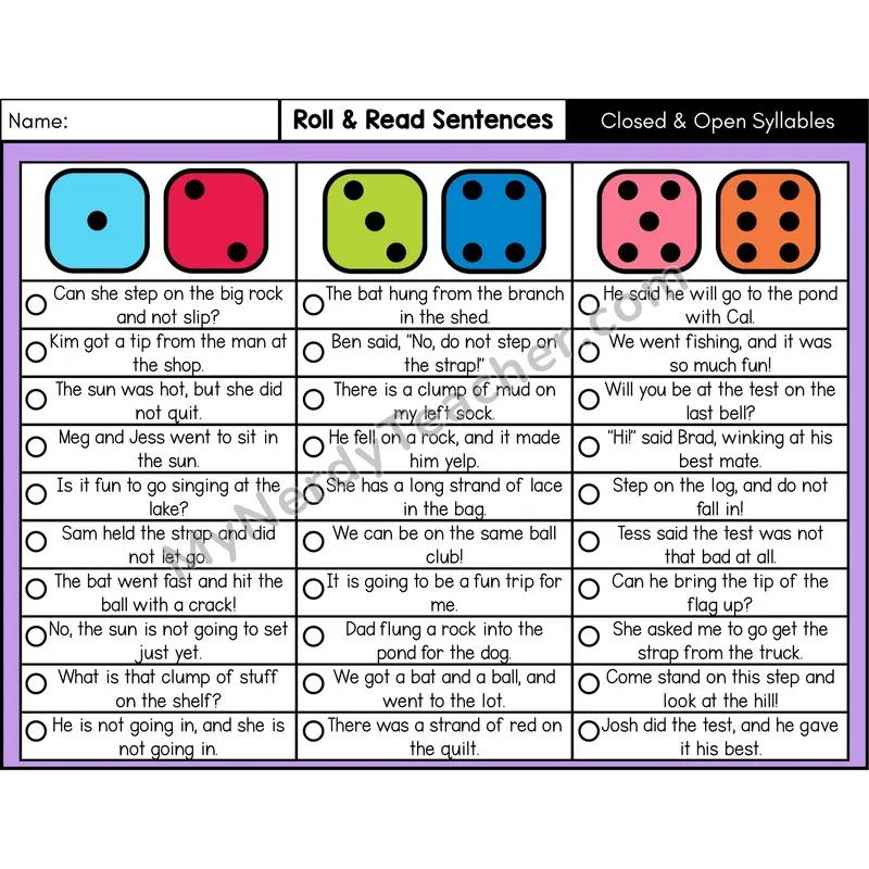 Closed and Open Syllables — Roll & Read Decodable Sentences (Color)