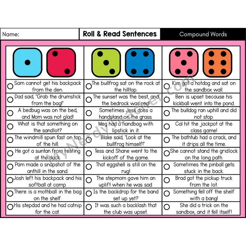 Compound Words — Roll & Read Decodable Sentences (Color)
