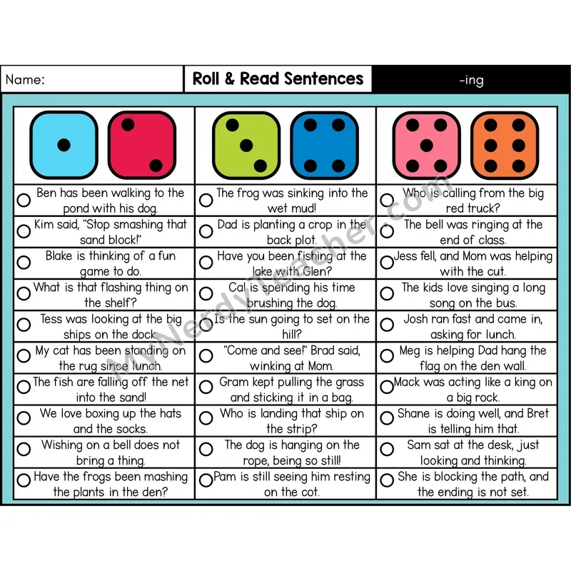 Suffix -ing — Roll & Read Decodable Sentences (Color)