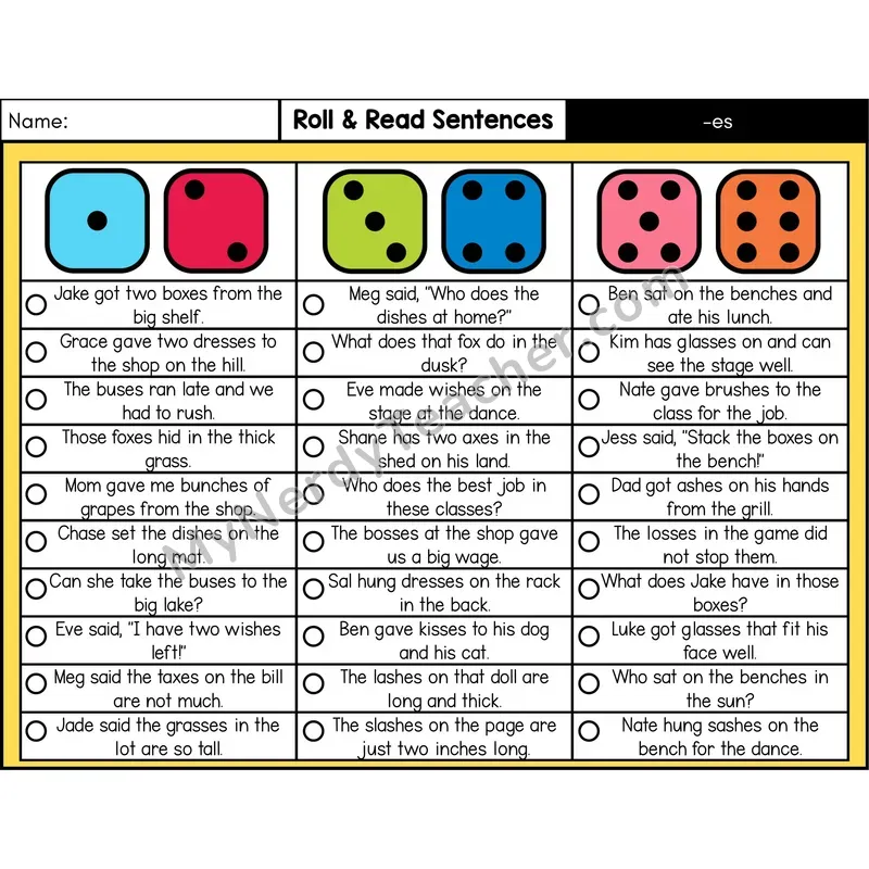 Suffix -es — Roll & Read Decodable Sentences (Color)