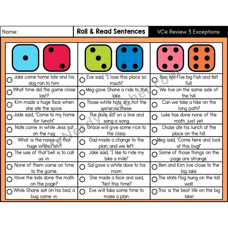 Silent E Review 3 with Exceptions — Roll & Read Decodable Sentences (Color)