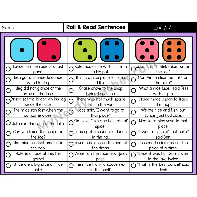 Soft C (_ce) — Roll & Read Decodable Sentences (Color)