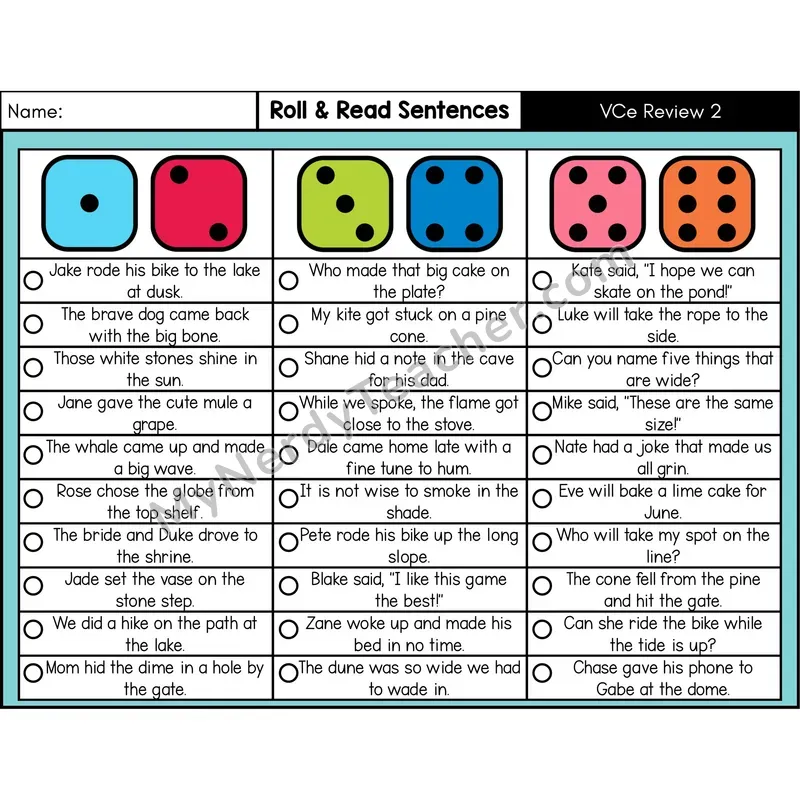 Silent E Review 2 — Roll & Read Decodable Sentences (Color)