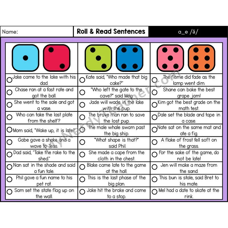 Silent E a_e (Long A) — Roll & Read Decodable Sentences (Color)