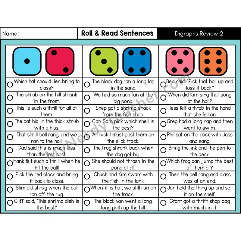 Digraphs Review 2 — Roll & Read Decodable Sentences (Color)