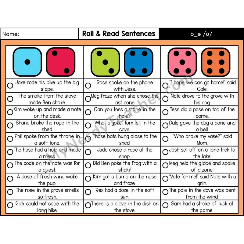Silent E o_e (Long O) — Roll & Read Decodable Sentences (Color)