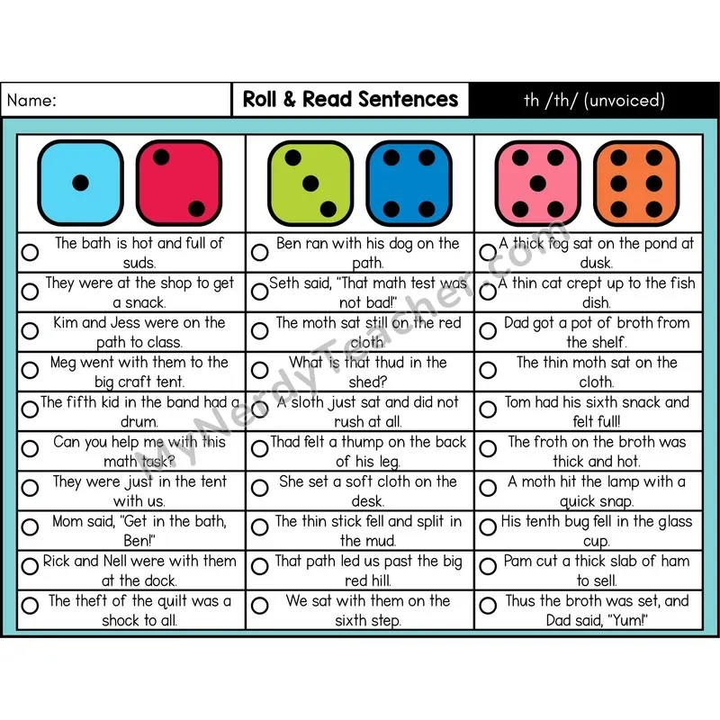 Unvoiced Digraph th — Roll & Read Decodable Sentences (Color)