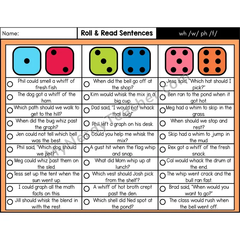 Digraphs wh and ph — Roll & Read Decodable Sentences (Color)