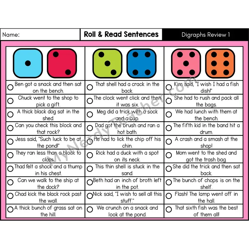 Digraphs Review 1 — Roll & Read Decodable Sentences (Color)
