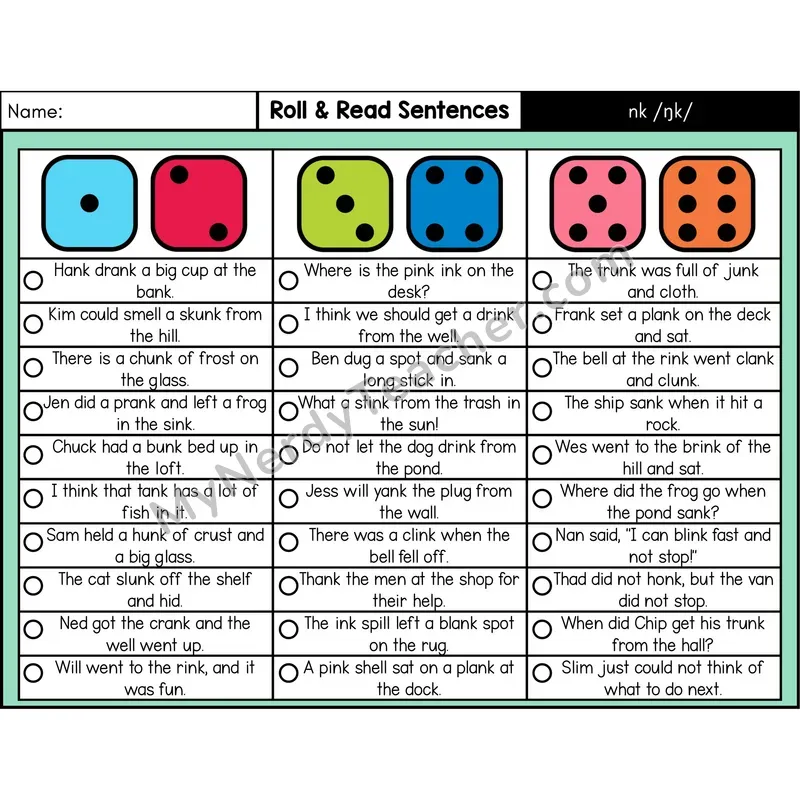 Glued Sound nk — Roll & Read Decodable Sentences (Color)