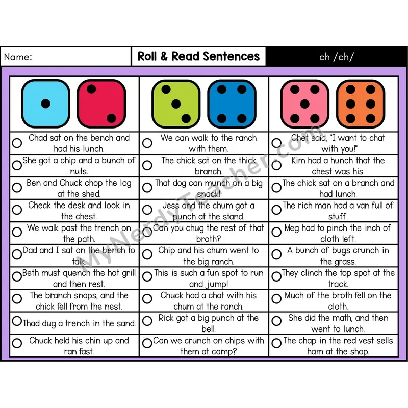 Digraph ch — Roll & Read Decodable Sentences (Color)