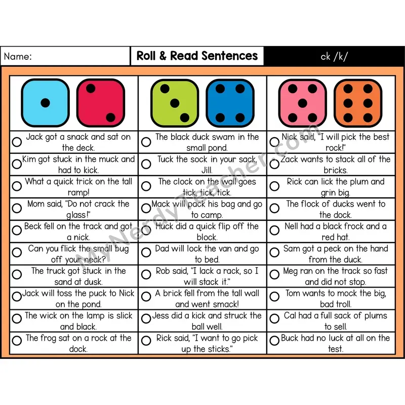 Digraph ck — Roll & Read Decodable Sentences (Color)