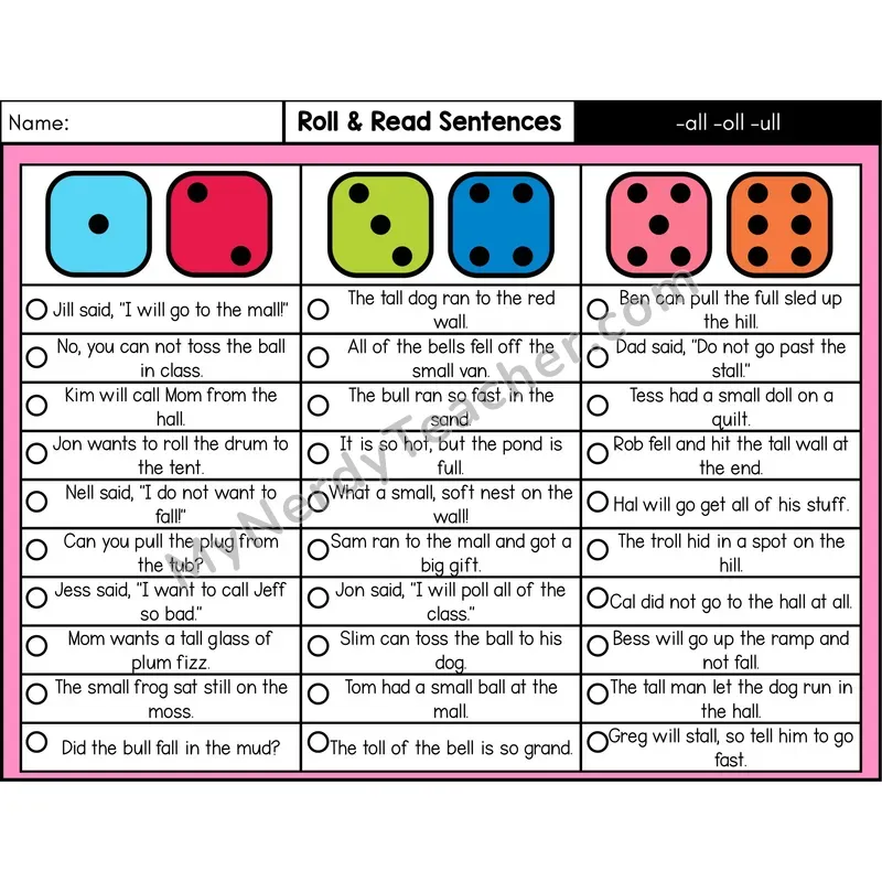 Glued Sounds -all, -oll, -ull — Roll & Read Decodable Sentences (Color)