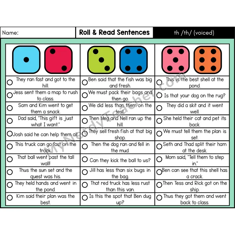 Voiced Digraph th — Roll & Read Decodable Sentences (Color)