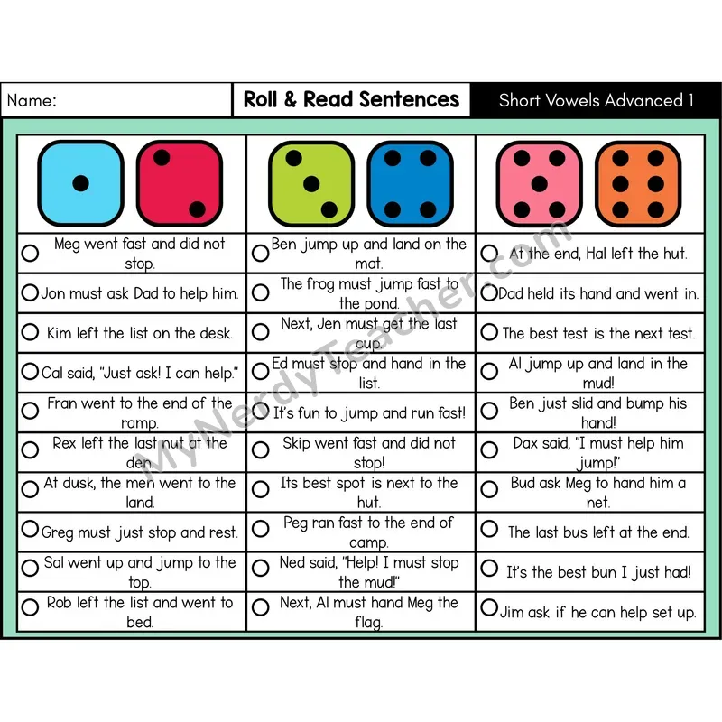 Short Vowels with Blends (Set 1) — Roll & Read Decodable Sentences (Color)