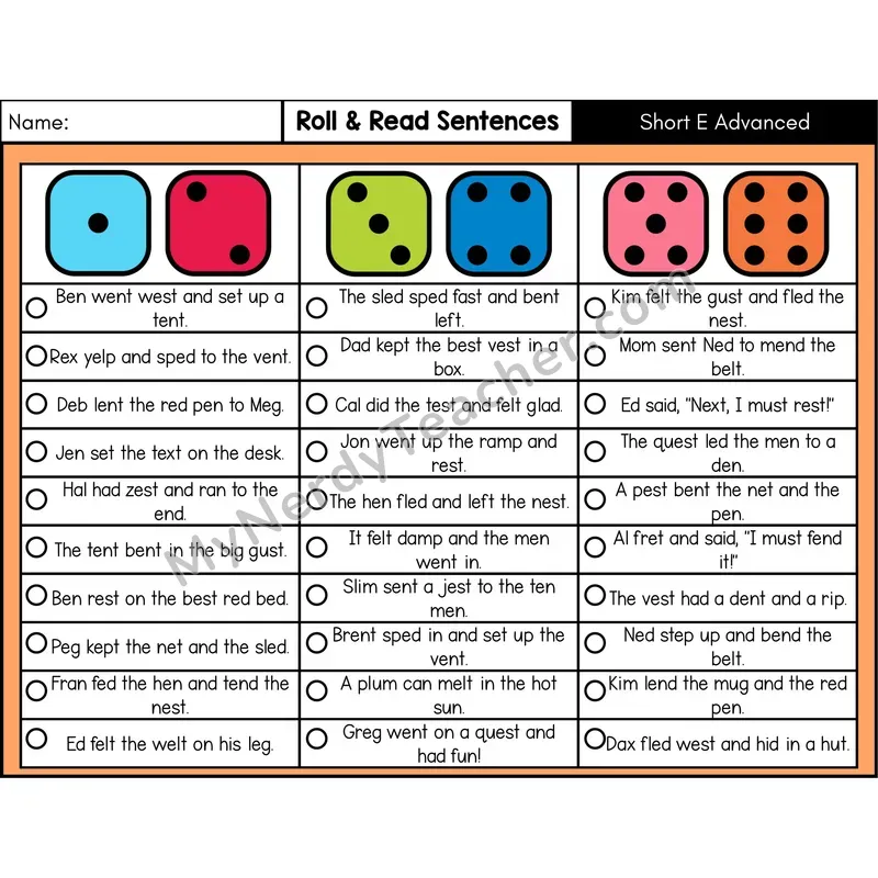Short E with Blends — Roll & Read Decodable Sentences (Color)