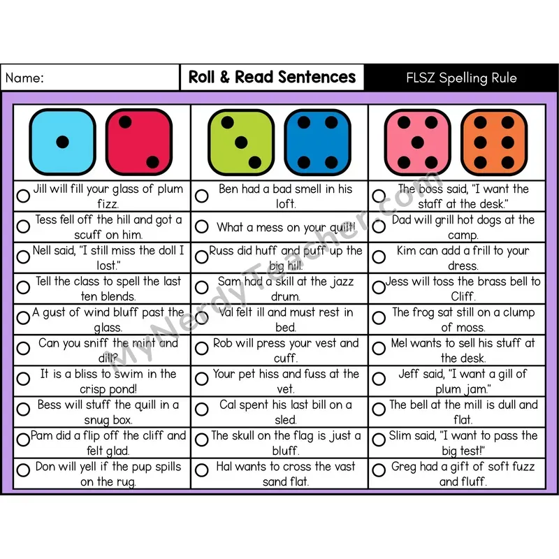 FLoSS Spelling Rule (ff, ll, ss, zz) — Roll & Read Decodable Sentences (Color)
