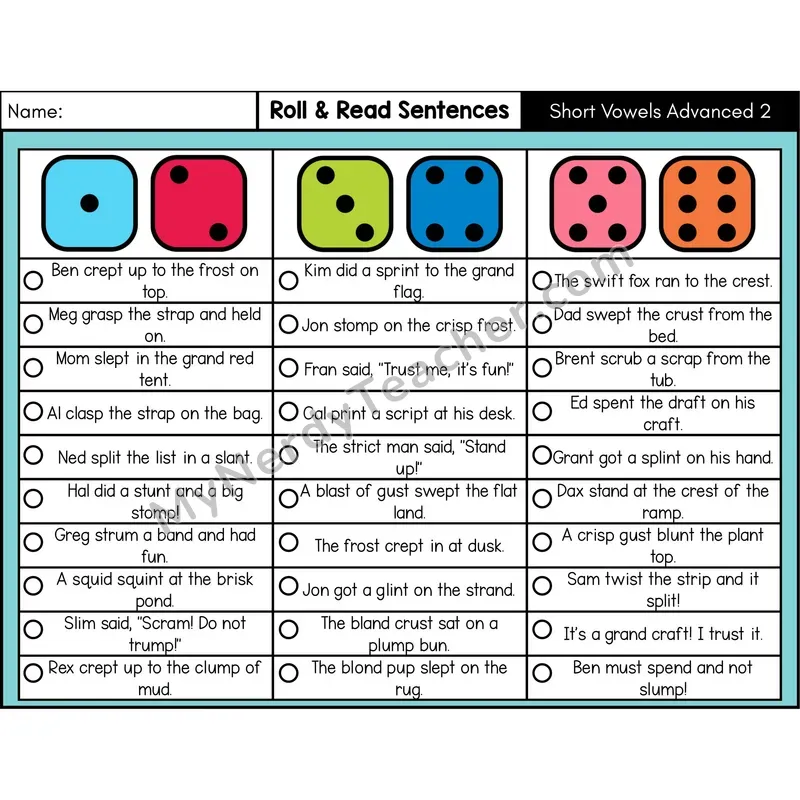 Short Vowels with Blends (Set 2) — Roll & Read Decodable Sentences (Color)