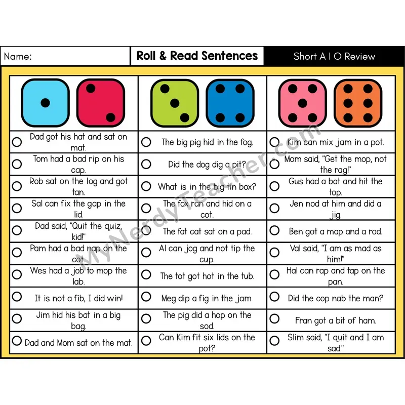 Short A, I, O Review — Roll & Read Decodable Sentences (Color)