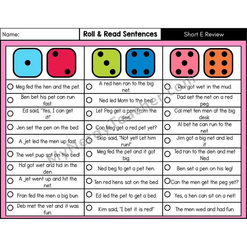 Short E — Roll & Read Decodable Sentences (Color)