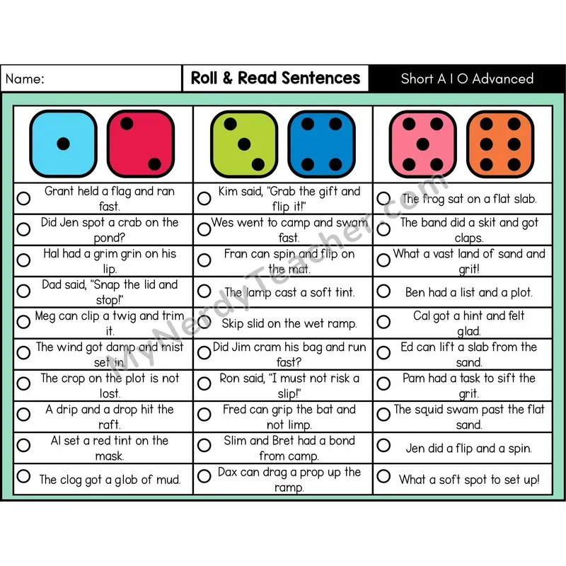 Short A, I, O with Blends — Roll & Read Decodable Sentences (Color)