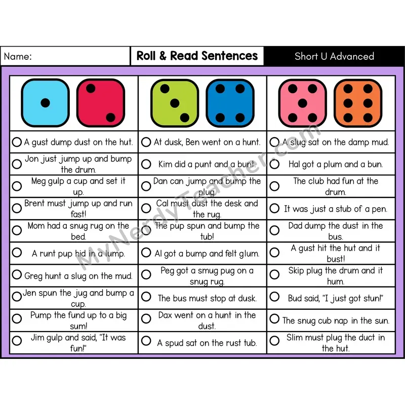 Short U with Blends — Roll & Read Decodable Sentences (Color)