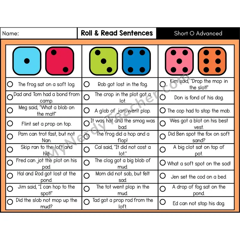 Short O with Blends — Roll & Read Decodable Sentences (Color)