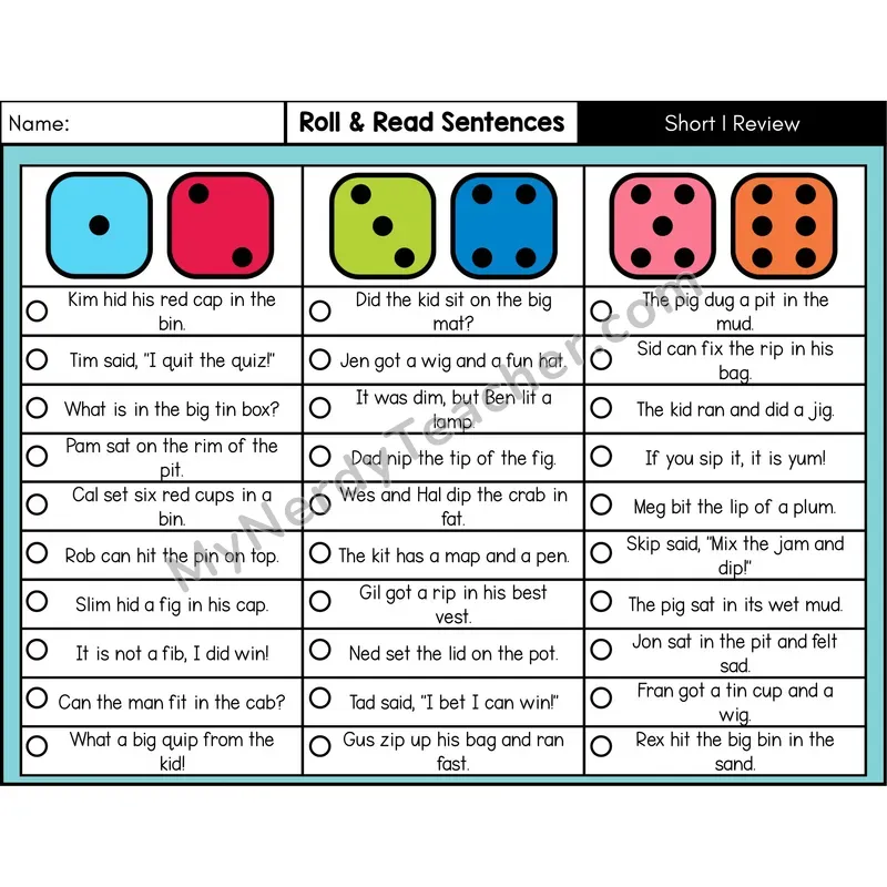 Short I — Roll & Read Decodable Sentences (Color)