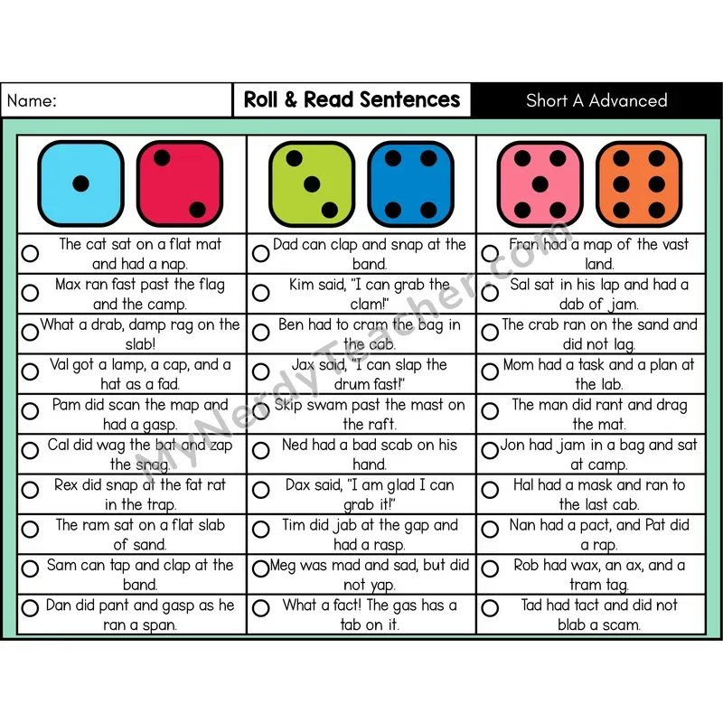 Short A with Blends — Roll & Read Decodable Sentences (Color)