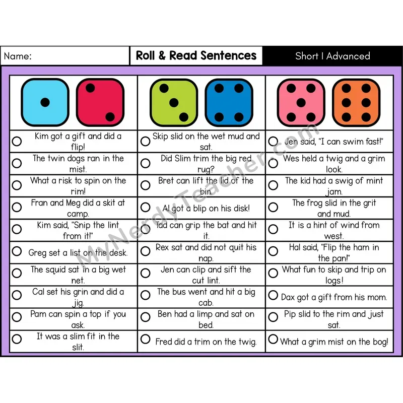 Short I with Blends — Roll & Read Decodable Sentences (Color)