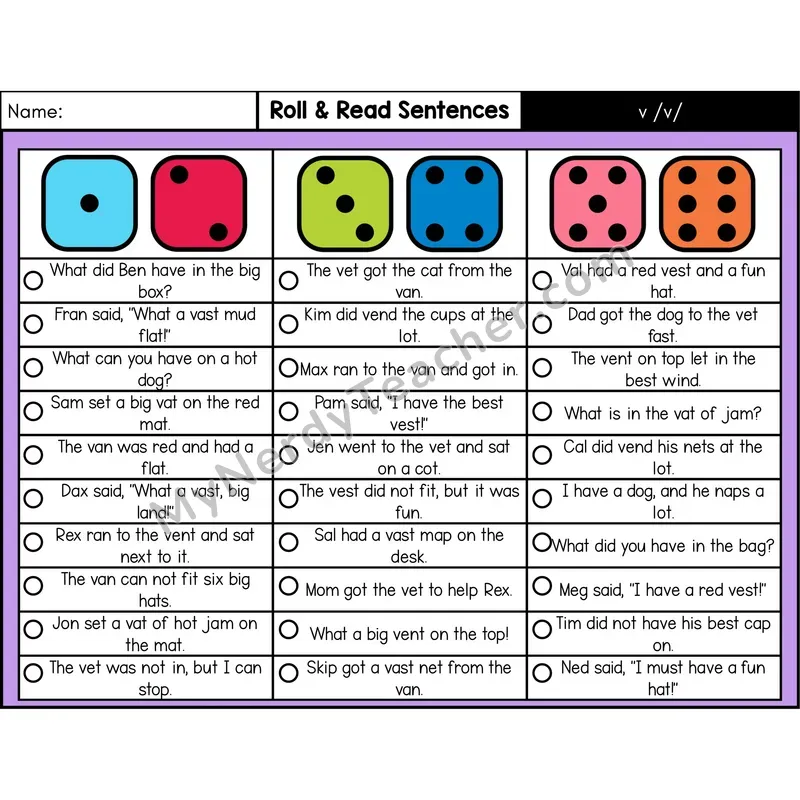 Consonant /v/ — Roll & Read Decodable Sentences (Color)