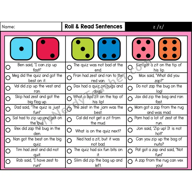Consonant /z/ — Roll & Read Decodable Sentences (Color)
