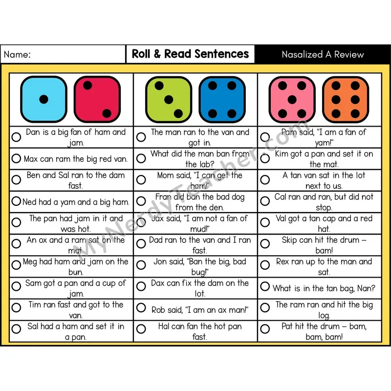 Nasalized A Review (am, an) — Roll & Read Decodable Sentences (Color)
