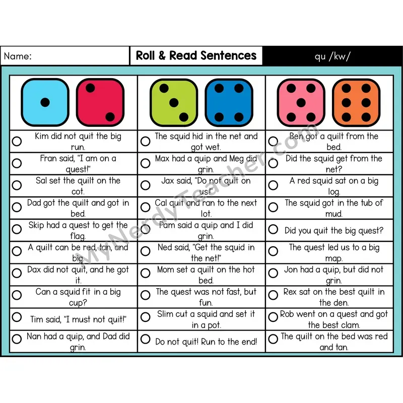 Consonant qu /kw/ — Roll & Read Decodable Sentences (Color)