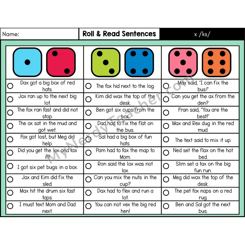 Consonant x /ks/ — Roll & Read Decodable Sentences (Color)